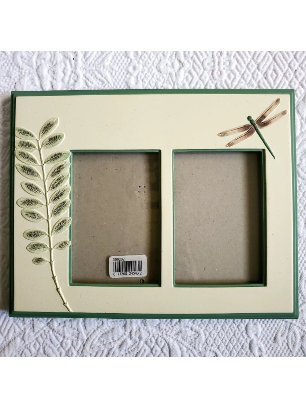Vtg New Burnes double photo art frame dragonfly fern foliage woodland lily pond